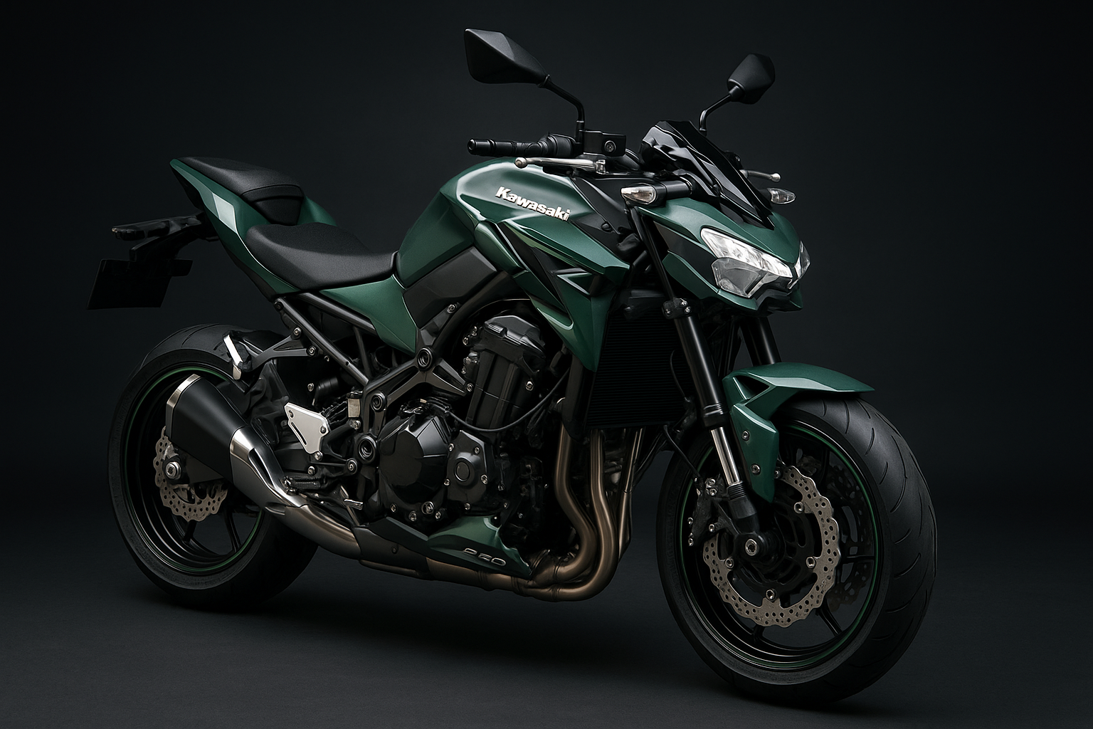 Kawasaki Z900 with green(#5A6864) and black color with slightly black color background